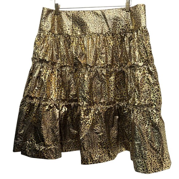 New York & Company Foil Leopard Print Skirt XXL Gold Metallic Tiered Ruffle - Picture 7 of 12